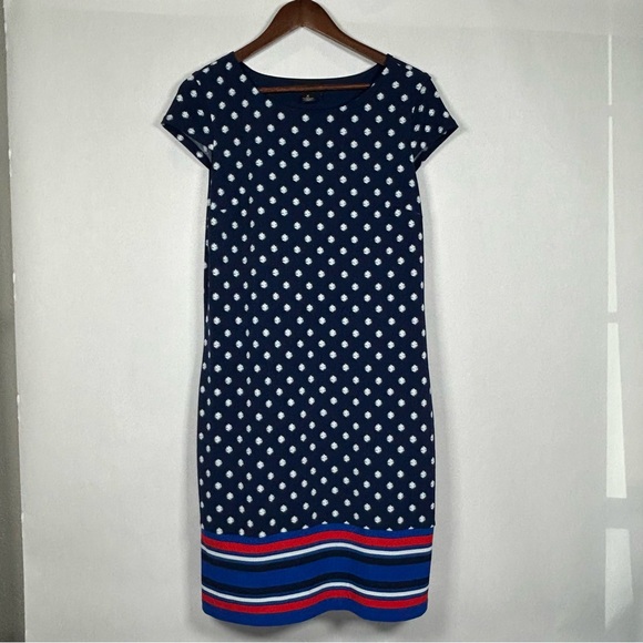 Liz Claiborne Navy and White Polka Dot Midi Dress with Red Stripes - Picture 1 of 8